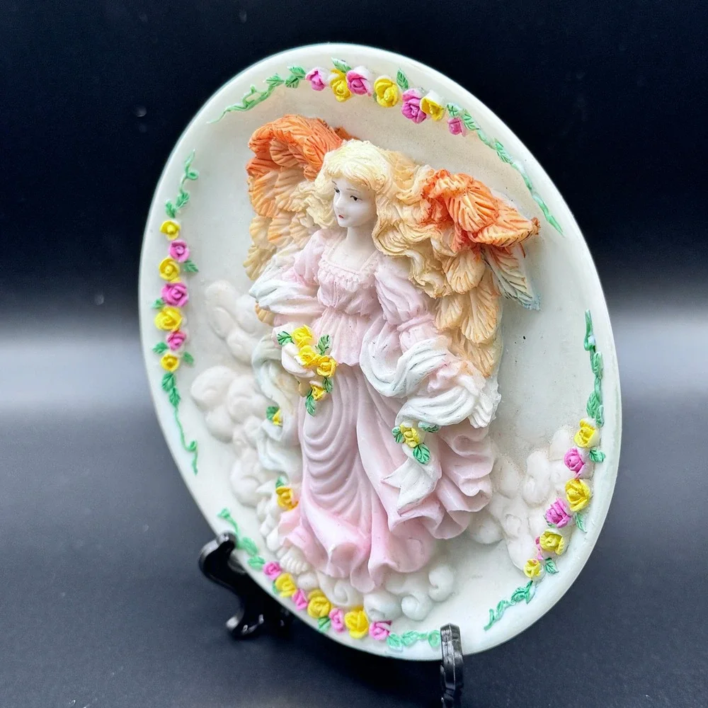 Vintage‎ Angel Shelf Sitter Ceramic Plaque Pastel Floral Roses Cottagecore Wings